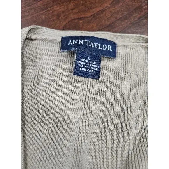 Ann Taylor 100% Silk Striped Beige Tan White Cardigan Sweater Women's Size S - Picture 2 of 7